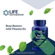 Close-up of Life Extension Bone Restore with Vitamin K2 supplement facts and dosage instructions.

