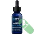 Angle view of Life Extension Liquid Vitamin D3 50 mcg bottle displaying clear supplement liquid in dropper.

