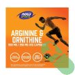 "Close-up of Now Sports Arginine Ornithine supplement facts panel with dosage and ingredients"


