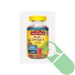 Open cap of Nature Made Multivitamin + Omega-3 For Him Gummies bottle with assorted gummies inside.

