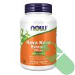 "Side label of NOW Kava Kava Extract 120 veggie capsules indicating vegan and non-GMO certifications"

