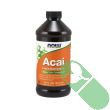 Close-up of NOW Acai Liquid Concentrate label showing ingredient and supplement facts details

