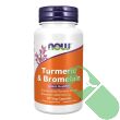 "Side label of NOW Turmeric & Bromelain 90 veggie capsules indicating vegan and gluten-free certifications"

