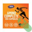 “Close-up of NOW Sports Amino Complete supplement facts panel with 20 amino acids and vitamin B-6 content”

