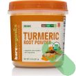 "BareOrganics Turmeric Root Powder displayed with measuring spoon"

