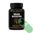 Bottle of Vital Vitamins Brain Booster featuring 30 nootropic capsules for improved memory and focus on a black background.