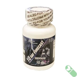 Close-up of 10 Day Forecast supplement capsules beside product bottle