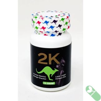 "2K Kangaroo Green Male Enhancements bottle with black label and green kangaroo logo, 12 pills"

