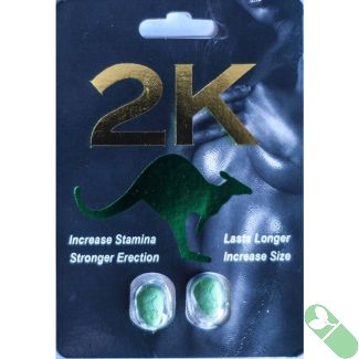"2K Kangaroo Green Pill Male Enhancements Double Pack with black and gold packaging showing two green pills"

