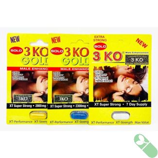 "3 KO Pack box showing gold, blue, and white male enhancement capsules"

