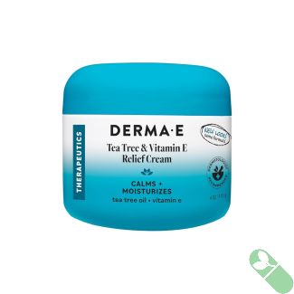 "Back label of Derma E Vegan Tea Tree and Vitamin E Relief Cream 4 oz with ingredient list and usage directions"

