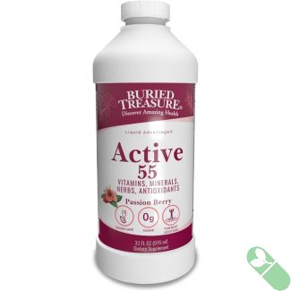 "Buried Treasure Active 55 Supplement label showing vitamins and minerals for adults 55 plus"

