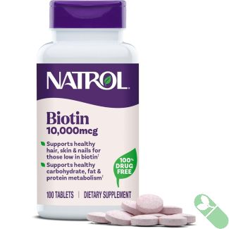 "Natrol Biotin Beauty Tablets 10000mcg bottle for hair, skin, and nail support"

