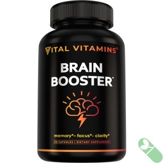 Vital Vitamins Brain Booster supplement bottle for memory and focus support