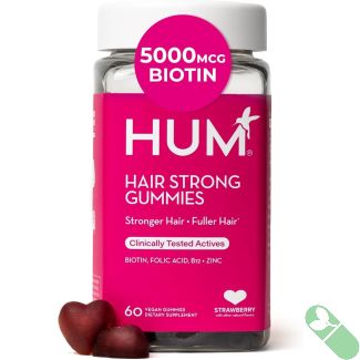 "HUM Hair Sweet Hair Vegan Gummy Vitamins packaging emphasizing hair health benefits and natural ingredients."
