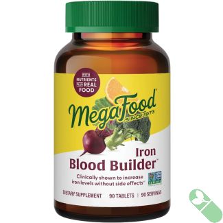 Bottle of MegaFood Blood Builder iron supplement containing 26 mg of iron per tablet, 90 count