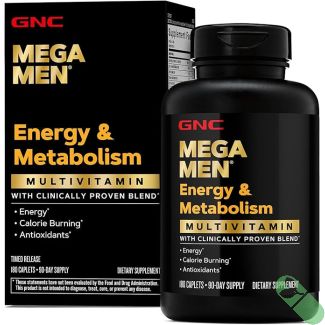 GNC Mega Men Energy and Metabolism multivitamin bottle with 180 caplets for men’s daily wellness support