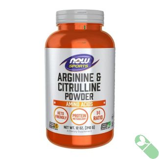 “Supplement facts panel of NOW Sports Arginine & Citrulline Powder showing amino acid dosages per serving”

