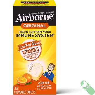 "Side view of Airborne 32 count Vitamin C Chewable Tablets bottle"

