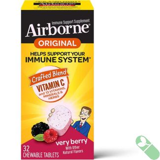 "Airborne 1000mg Vitamin C Immune Support Chewable Tablets 32 count berry flavor bottle front view"

