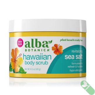 Alba Botanica Hawaiian Sea Salt Body Scrub front view showing plant-based and cruelty-free labeling