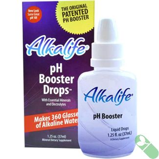 "AlkaLife pH Booster Drops 1.25 oz bottle with label showing essential minerals"

