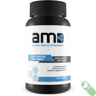 Back label of Alpha Male Dynamics Biotin Niacin hair regain supplement with warnings

