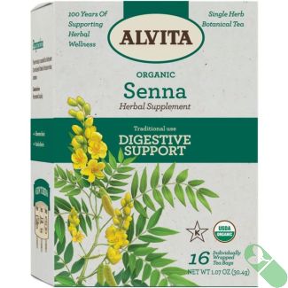 "Alvita Organic Senna Tea box with 16 herbal tea bags for digestive support"

