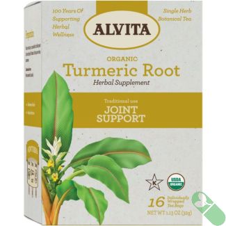 "Alvita Organic Turmeric Root Tea box with 16 herbal tea bags for joint support"

