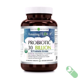 Front view of Amazing Flora Organic Probiotic bottle, highlighting 30 billion CFUs and 60 organic tablets for improved digestive health.