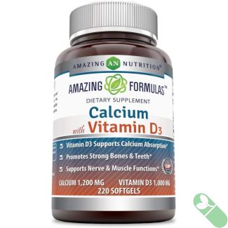 "Top view of Amazing Formulas Calcium with Vitamin D3 Supplement 220 Softgels bottle"


