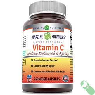"Side angle of Amazing Formulas Vitamin C 1000 mg with Citrus Bioflavonoids & Rose Hips bottle showing label details"

