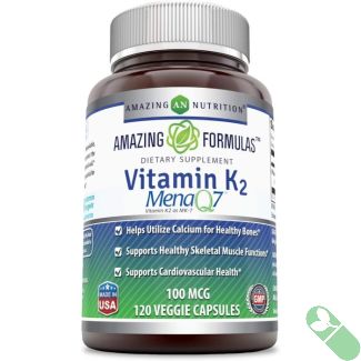 "Top view of Amazing Formulas Vitamin K2 MenaQ7 MK7 100 mcg bottle with open cap"

