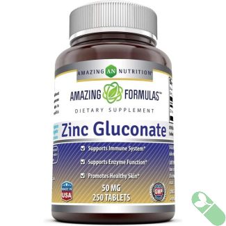 "Amazing Formulas Zinc Gluconate 50 mg bottle with 250 tablets front label"

