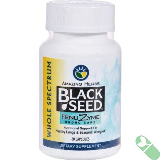 "Front view of Amazing Herbs Black Seed Fenuzyme Bronc Care bottle with 60 veggie caps"

