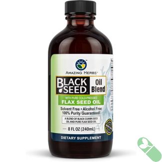 "Amazing Herbs Black Seed & Flax Seed Oil Blend 8 oz bottle with non-GMO label"

