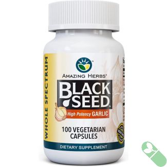 "Amazing Herbs Black Seed with High Potency Garlic 100 Veggie Caps container with gluten-free label"


