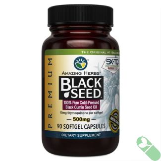 "Amazing Herbs Black Seed Oil 500mg softgels bottle with natural cold-pressed oil label"

