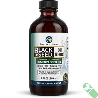 "Amazing Herbs Black Seed & Pumpkin Seed Cold-Pressed Oil Blend 8 oz bottle with gluten-free label"

