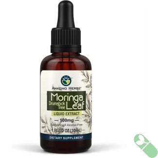 "Liquid extract dropper close-up for Amazing Herbs Moringa Leaf supplement"

