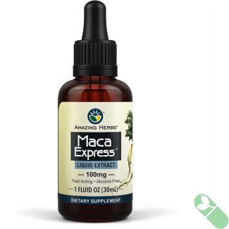 "Amazing Herbs Maca Express liquid extract bottle front label 1 oz alcohol-free"
