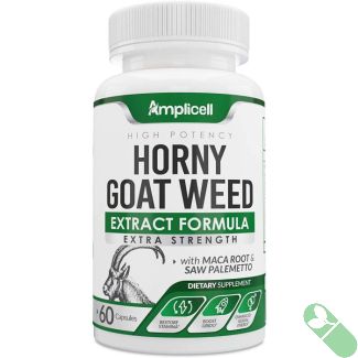 "Amplicell Horny Goat Weed packaging indicating GMP certification and non-GMO status"

