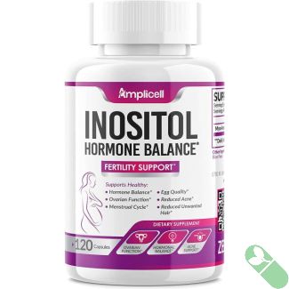 Natural dietary supplement capsules inside transparent container of Amplicell Inositol Hormone Balance.

