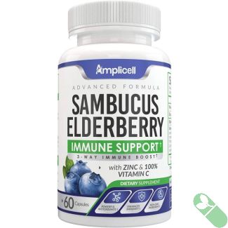 Close-up of Amplicell Sambucus Elderberry Immune Support capsules spilling out of bottle with elderberry graphic on label.


