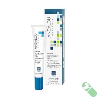 Andalou Naturals Clear Skin Blemish Vanishing Gel with Argan Stem Cells for enhanced skin regeneration and blemish reduction.