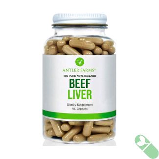 Jar of Antler Farms Beef Liver Capsules containing 180 capsules with pure New Zealand beef liver for optimal health and vitality.