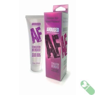 Aroused AF Stimulation Cream tube with black and purple label for him and her

