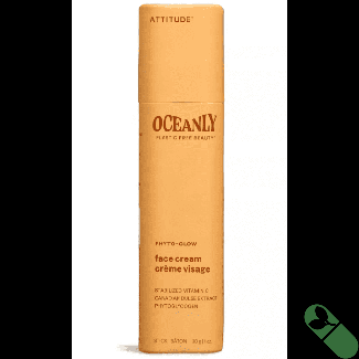 Closeup of Attitude Oceanly PHYTO-GLOW Solid Face Cream, vitamin C and phytoglycogen ingredients highlighted

