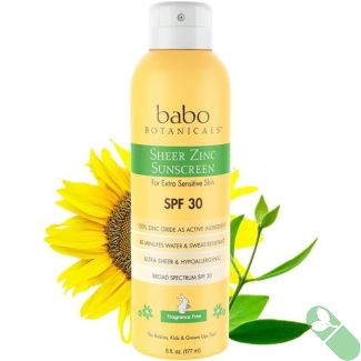 "Babo Botanicals sunscreen spray with hypoallergenic and water-resistant formula"

