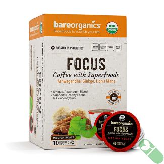 Bareorganics Focus Coffee, a superfood blend with ashwagandha, ginkgo, and lion's mane to enhance mental focus and clarity.